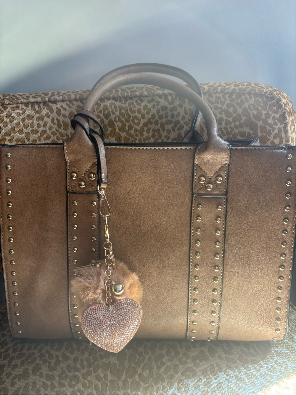 Faux Fur Pom Pom Charm with Crystal Heart & Elegant Faux leather Studded Bag